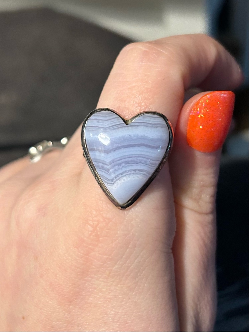Heart-Shaped Banded Agate Statement Ring in Light Lavender - Sterling Silver